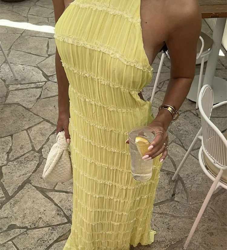 Halter Neck Maxi Dress with Pleated Texture and Open Back