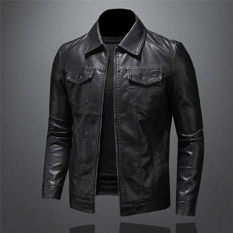 Orizelle | Men's Black Faux Leather Trucker Jacket – Classic Zip-Up Biker Jacket with Chest Pockets