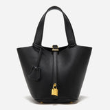 Elegant Textured Leather Bucket Bag with Gold Lock