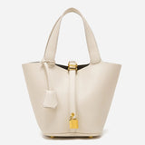 Elegant Textured Leather Bucket Bag with Gold Lock