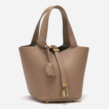 Elegant Textured Leather Bucket Bag with Gold Lock