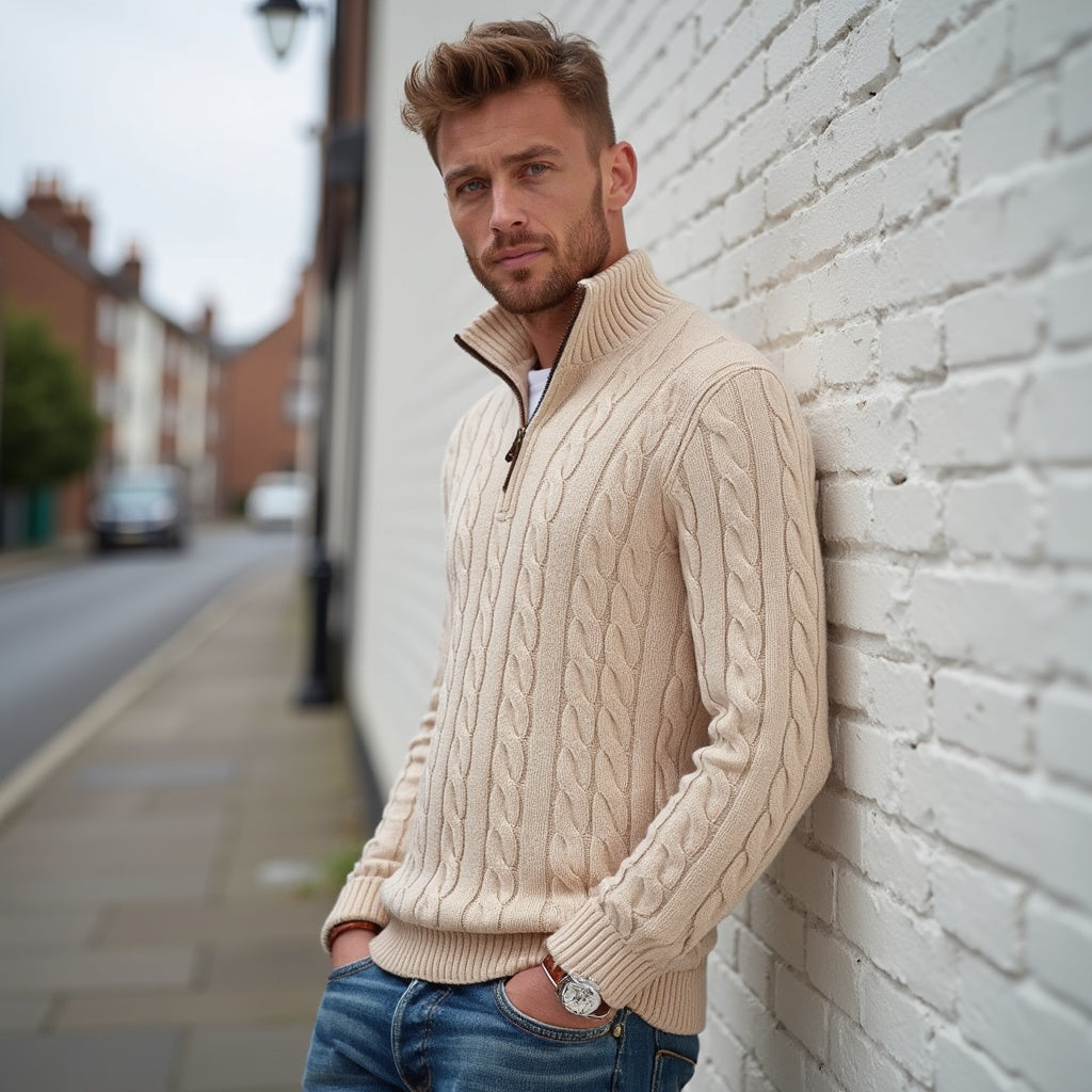 Orizelle | Men’s Cable Knit Half-Zip Sweater – Breathable Cotton & Timeless Style