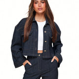 Dark Wash Cropped Denim Jacket with Contrast Stitching