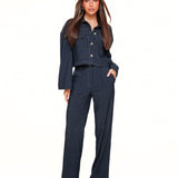 Dark Wash Cropped Denim Jacket with Contrast Stitching