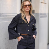 Dark Wash Cropped Denim Jacket with Contrast Stitching