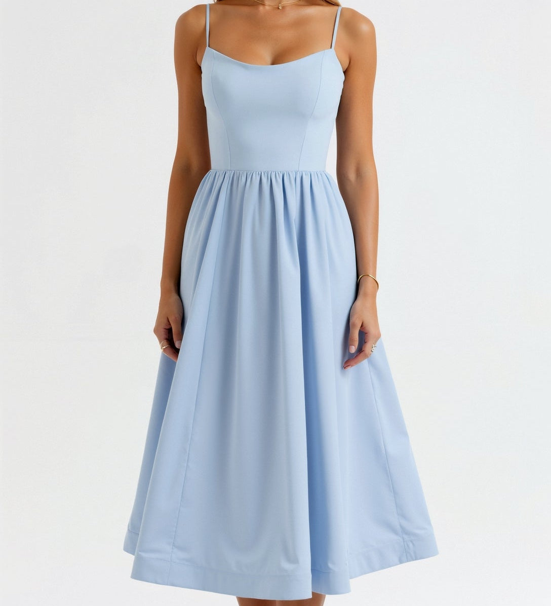 Strappy Midi Dress with Fitted Bodice and Flowing Skirt