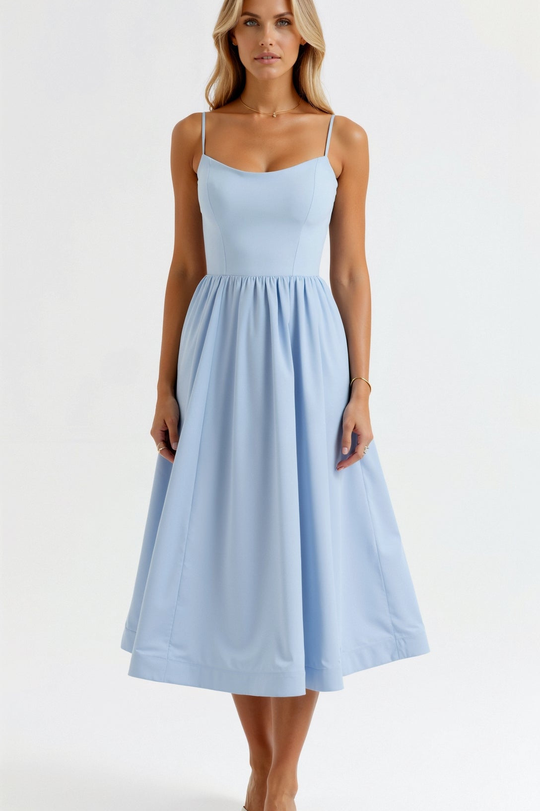 Strappy Midi Dress with Fitted Bodice and Flowing Skirt