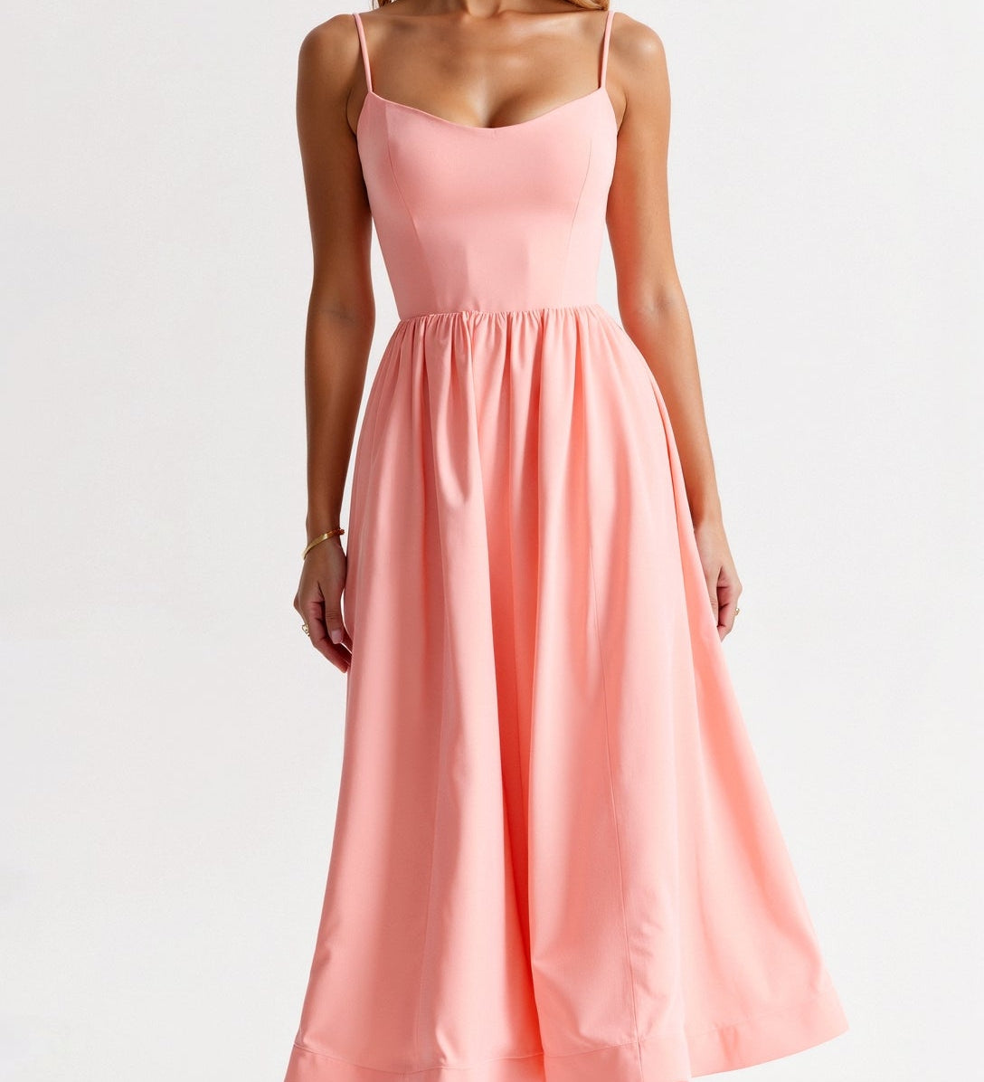 Strappy Midi Dress with Fitted Bodice and Flowing Skirt