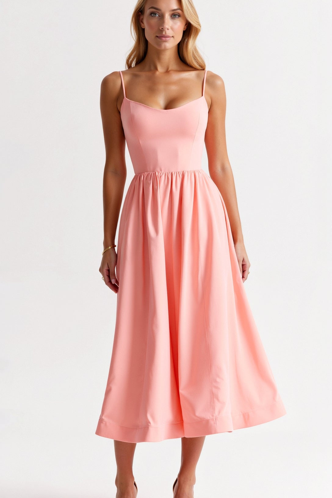 Strappy Midi Dress with Fitted Bodice and Flowing Skirt