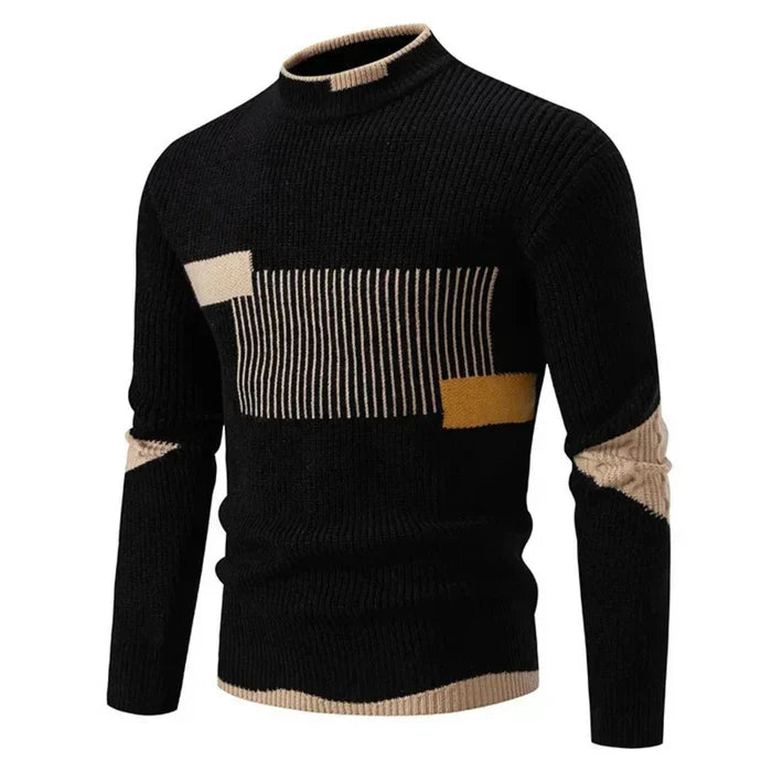 Orizelle | Men’s Color-Block Knit Sweater with Stand Collar – Modern, Warm & Versatile