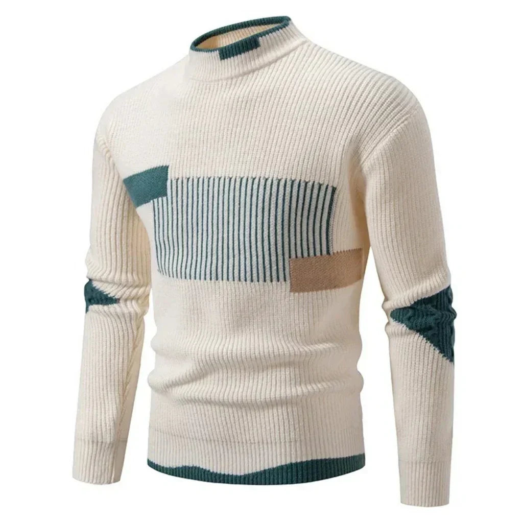 Orizelle | Men’s Color-Block Knit Sweater with Stand Collar – Modern, Warm & Versatile