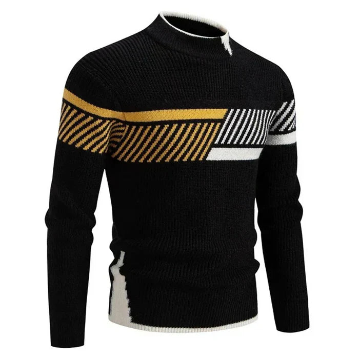 Orizelle | Men’s Color-Block Knit Sweater with Stand Collar – Modern, Warm & Versatile