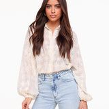 White Sheer Embroidered Floral Blouse with Balloon Sleeves