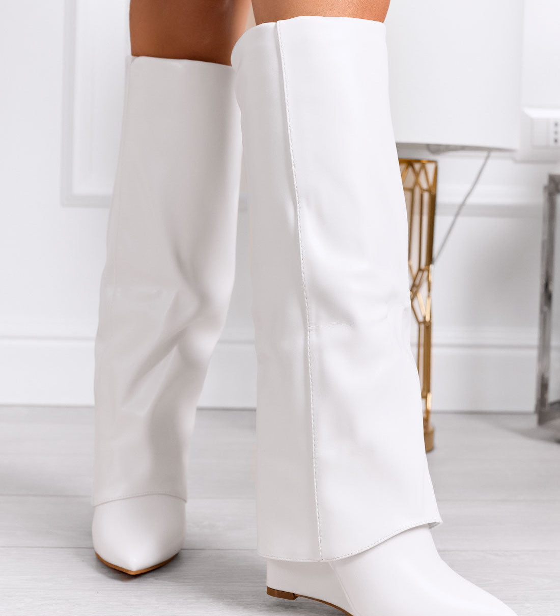 Minimalist Pointed Knee-High Wedge Boots in Faux Leather