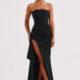 Strapless Ruched Maxi Dress with High Split