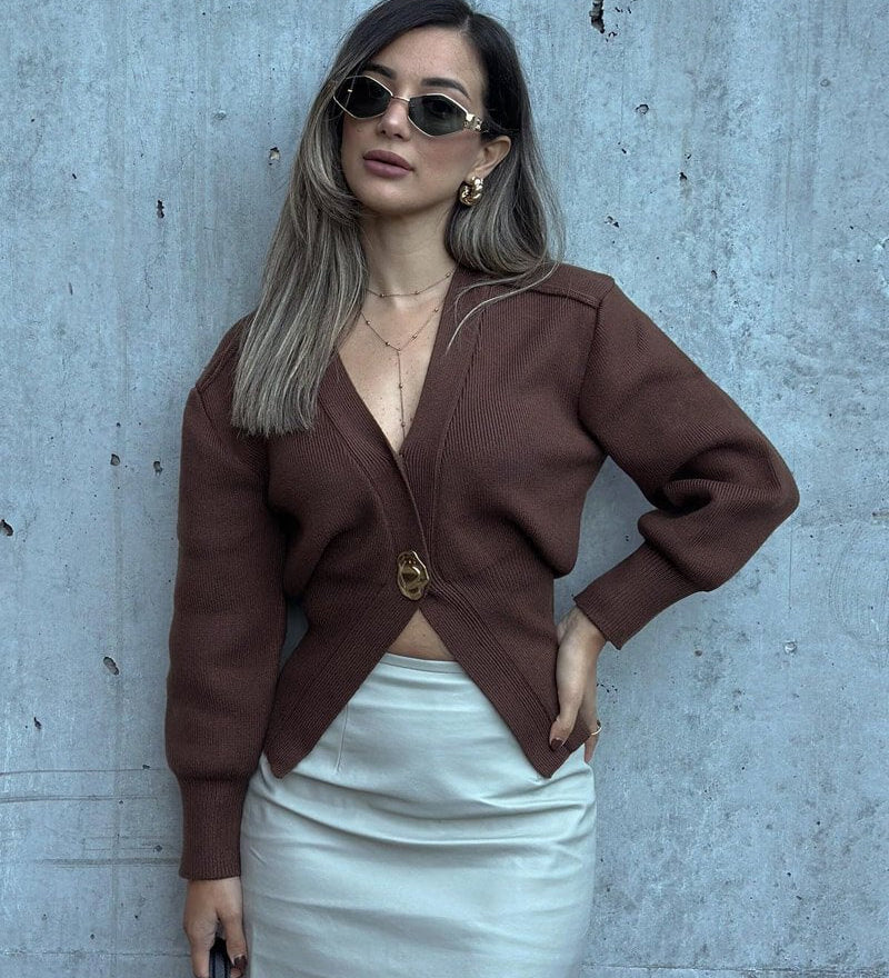 Chic Deep V-Neck Knit Cardigan with Decorative Button