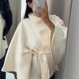 Elegant High Neck Belted Cape Jacket