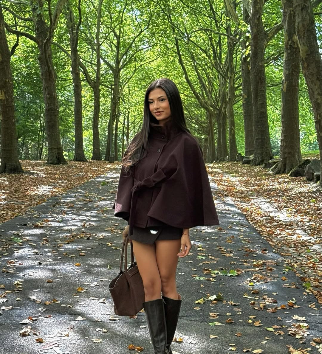 Elegant High Neck Belted Cape Jacket