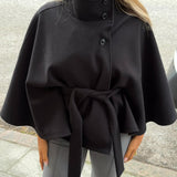 Elegant High Neck Belted Cape Jacket