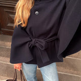 Elegant High Neck Belted Cape Jacket