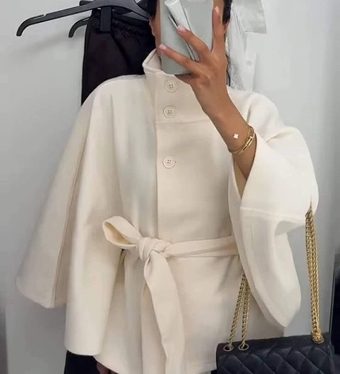 Elegant High Neck Belted Cape Jacket