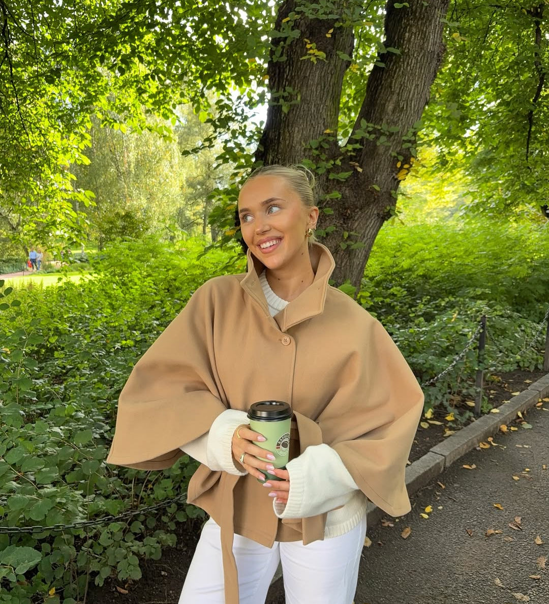 Elegant High Neck Belted Cape Jacket