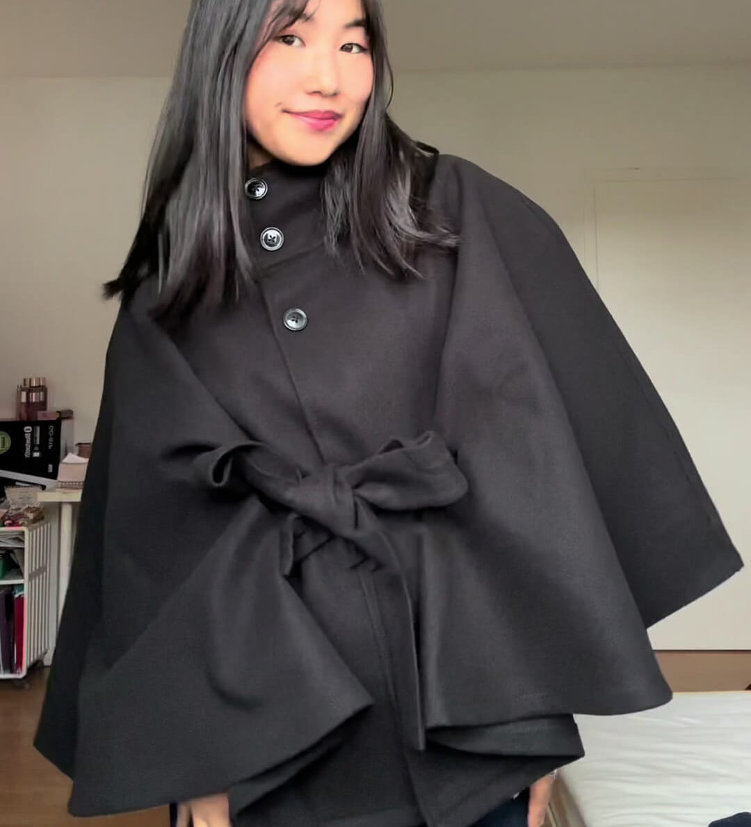 Elegant High Neck Belted Cape Jacket
