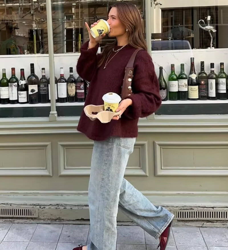 Relaxed Fit Knit Pullover with Round Neck