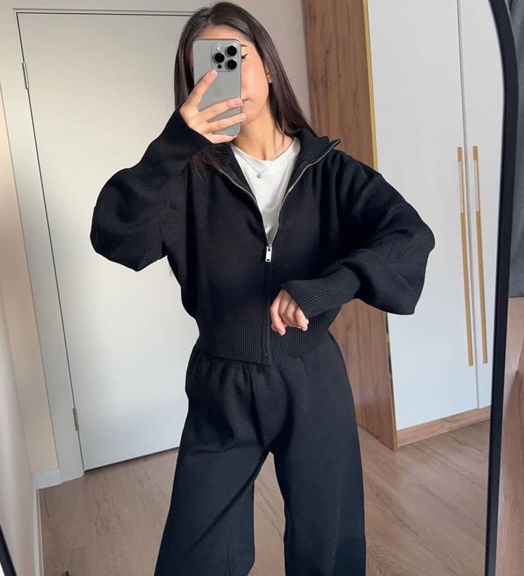 Knitted Zip Jacket and Wide-Leg Trousers Set