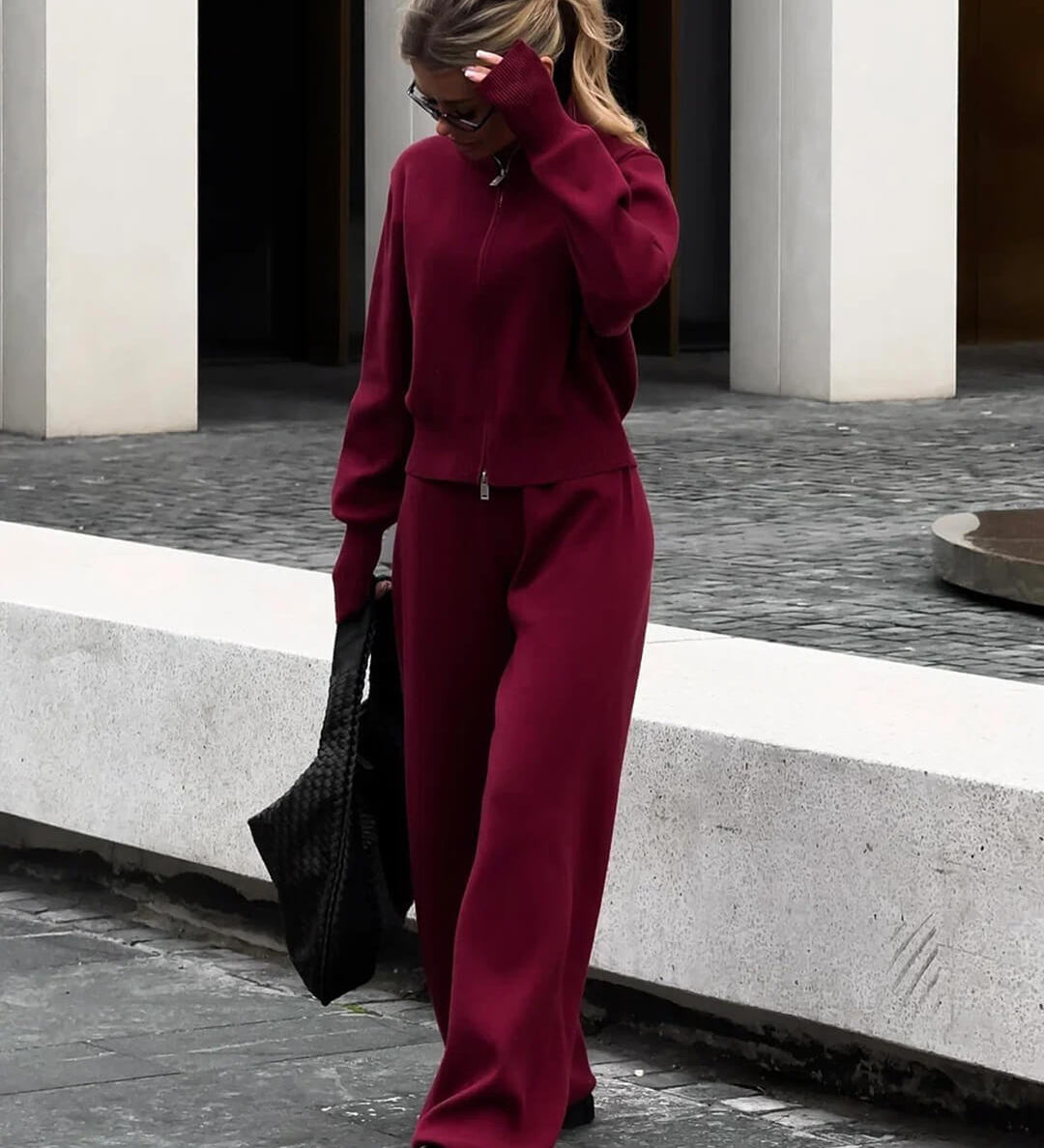Knitted Zip Jacket and Wide-Leg Trousers Set