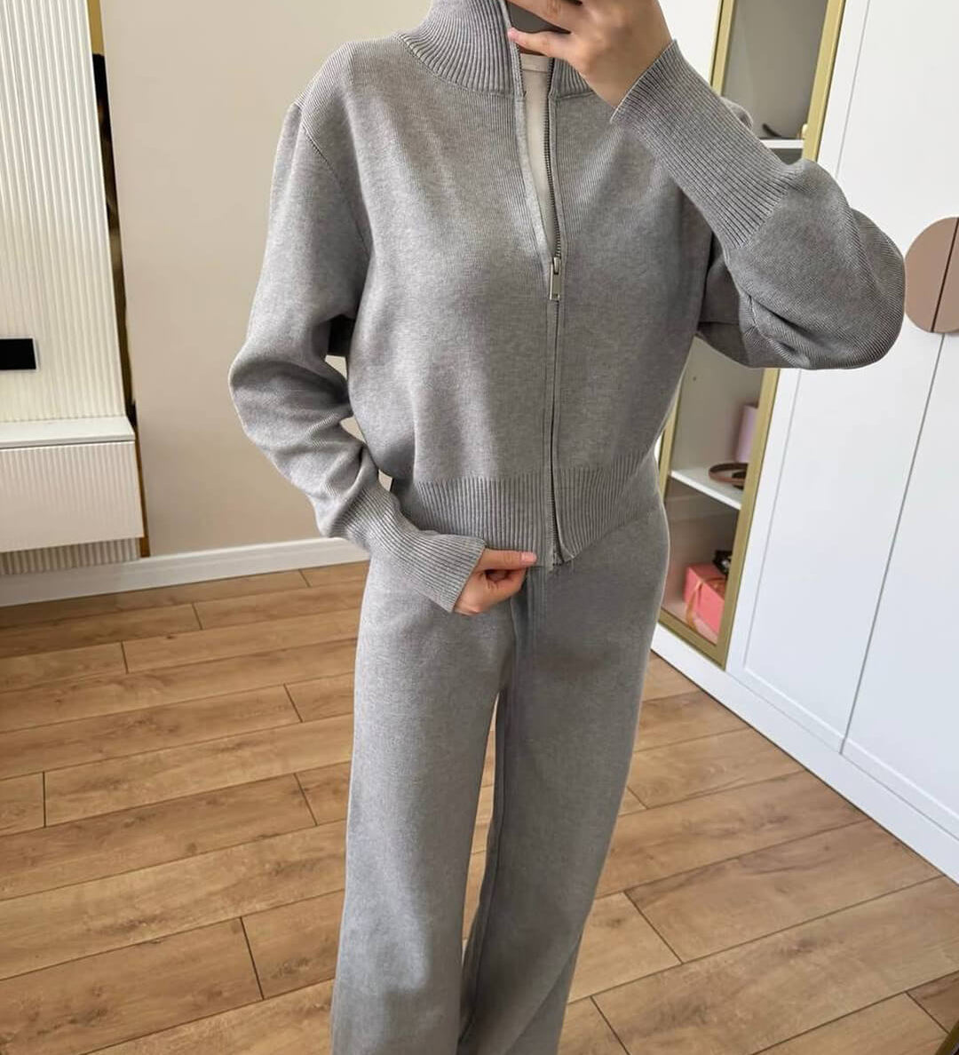 Knitted Zip Jacket and Wide-Leg Trousers Set