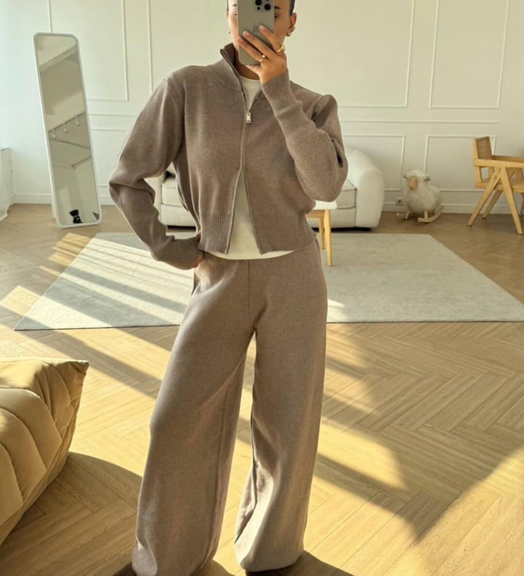 Knitted Zip Jacket and Wide-Leg Trousers Set