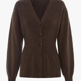 V-Neck Knit Cardigan – Waist-Cinching Lantern Sleeve Sweater