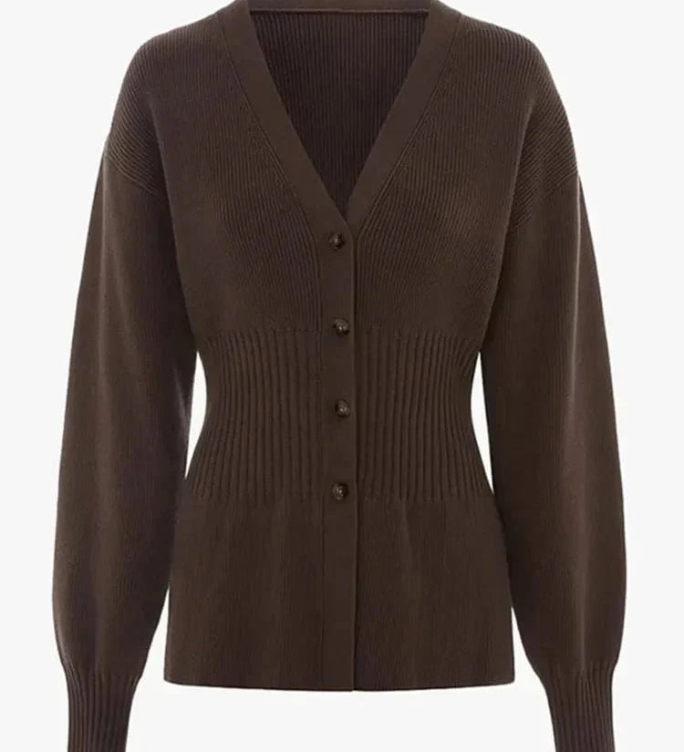 V-Neck Knit Cardigan – Waist-Cinching Lantern Sleeve Sweater