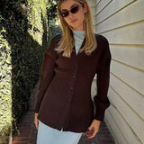 V-Neck Knit Cardigan – Waist-Cinching Lantern Sleeve Sweater