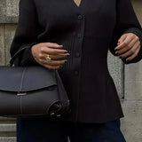 V-Neck Knit Cardigan – Waist-Cinching Lantern Sleeve Sweater